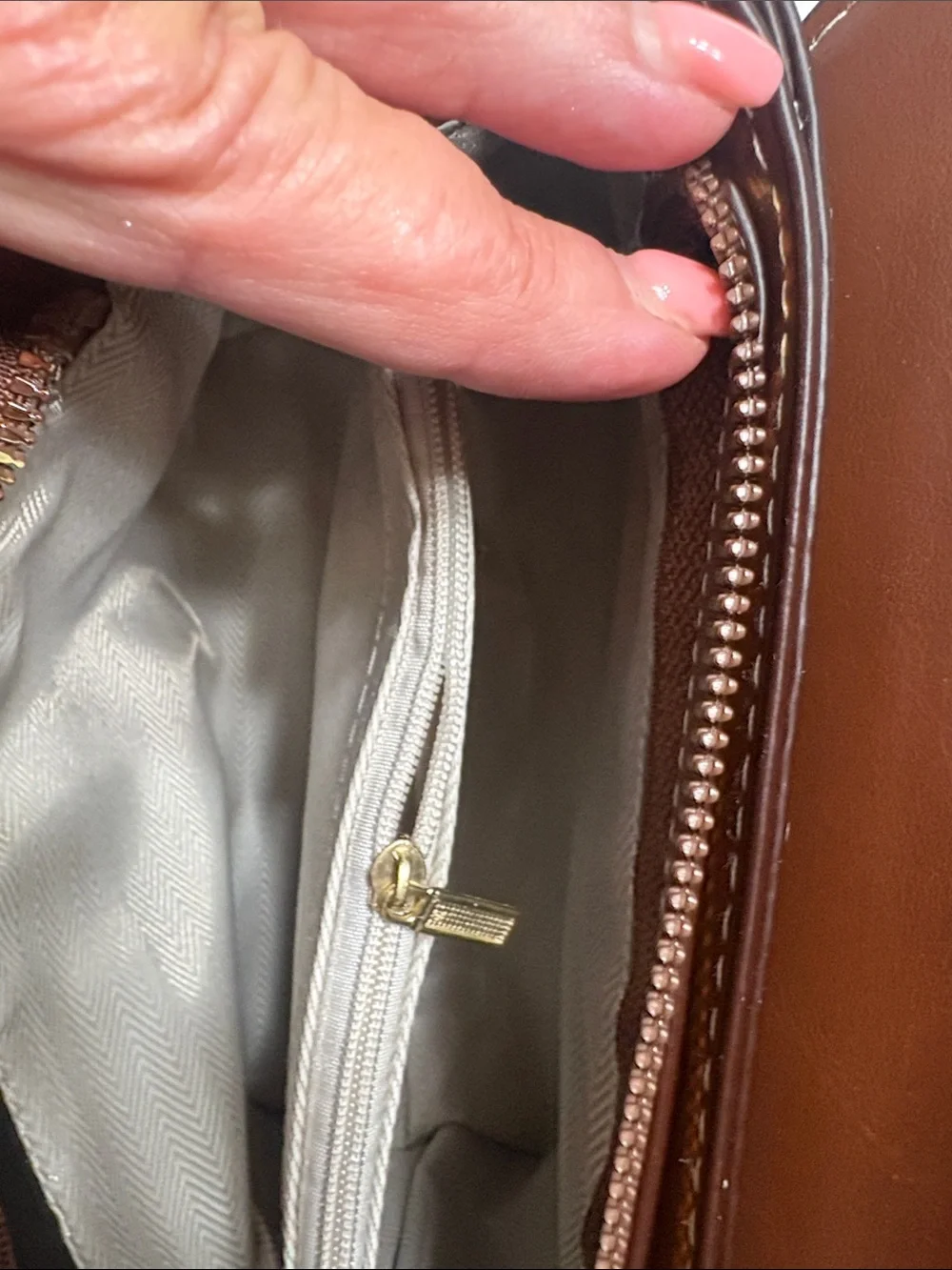 Brown Monogram-Style Top Handle Satchel with Gold Clasp